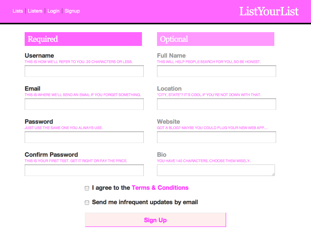 ListYourList Signup page