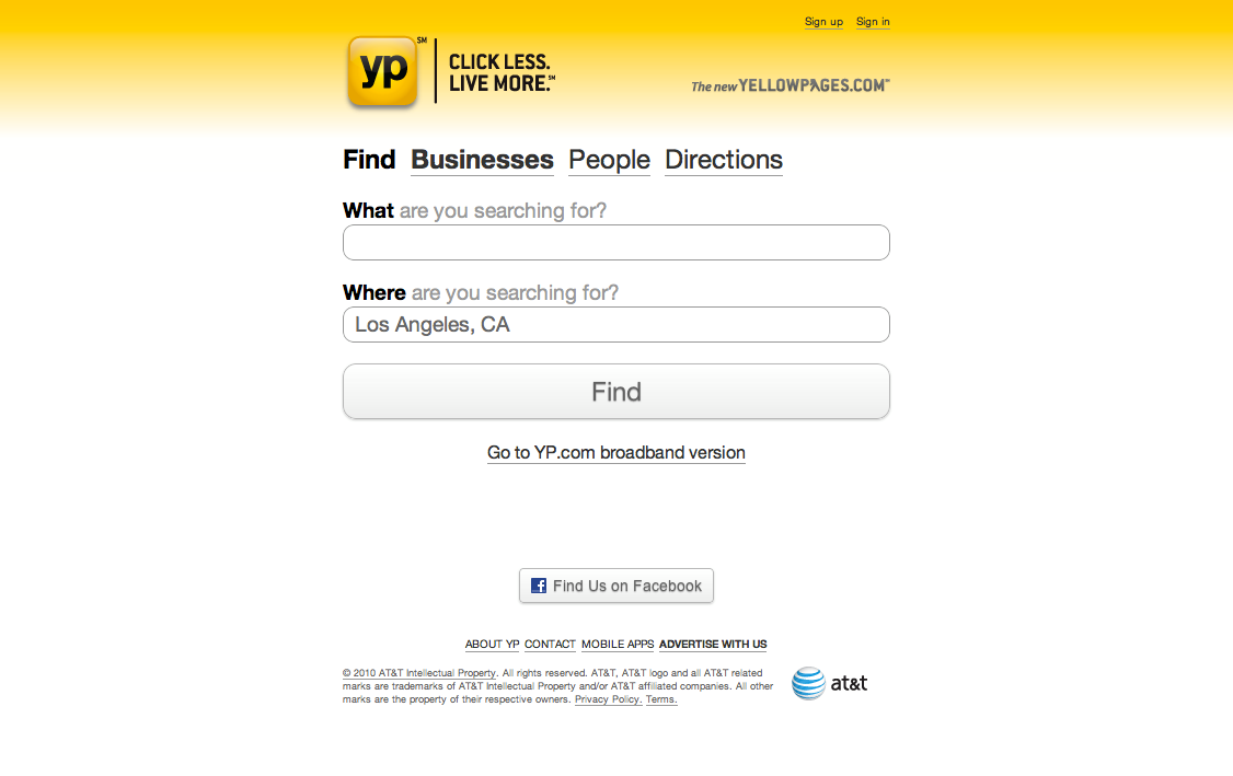 Yellow Pages (YP) lite homepage